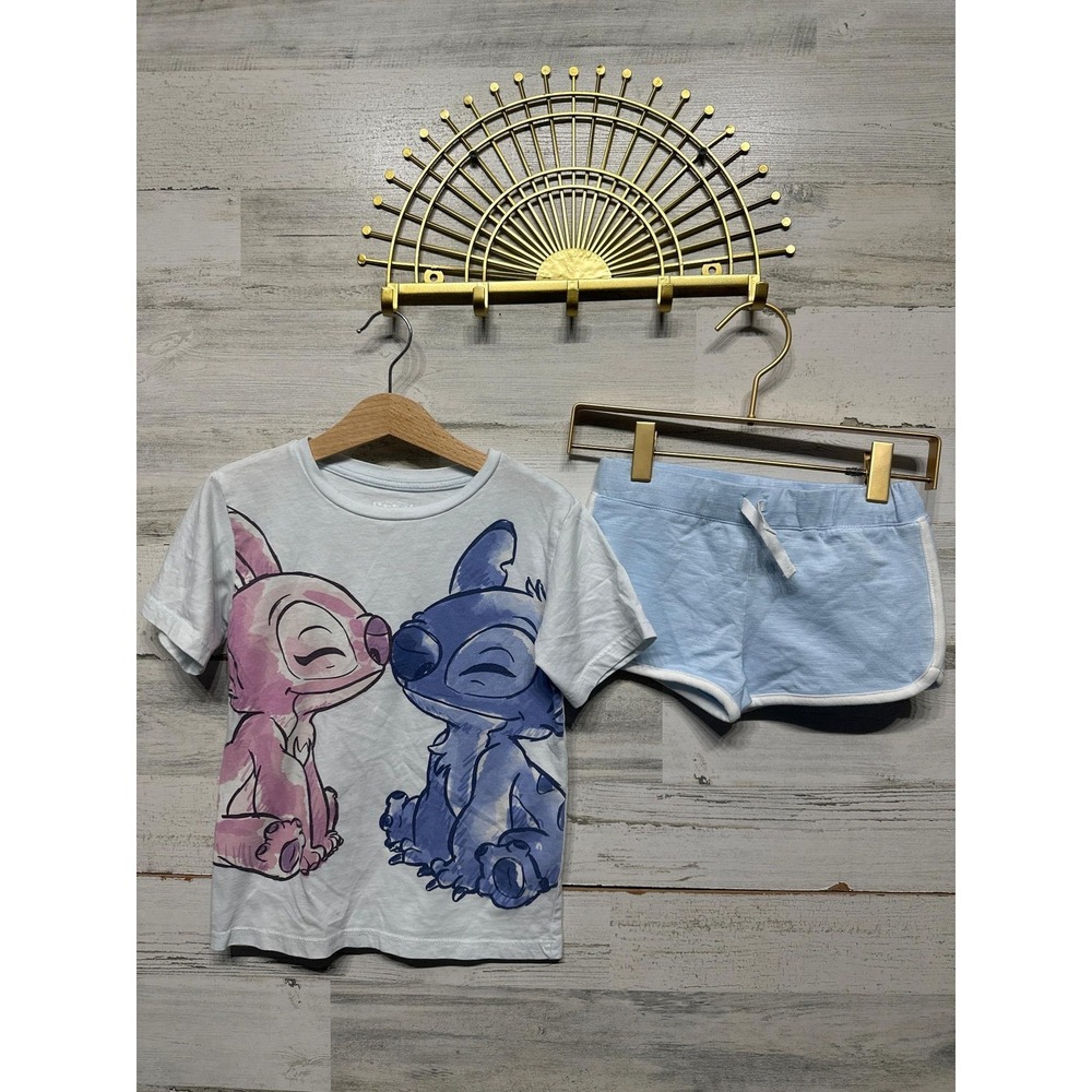 Disney Stitch Angel Outfit Girls 4/5 Blue Pink Graphic Tee Shorts‎ GUC